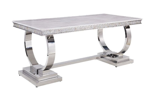 Zander - Dining Table - White Printed Faux Marble & Mirrored Silver Finish