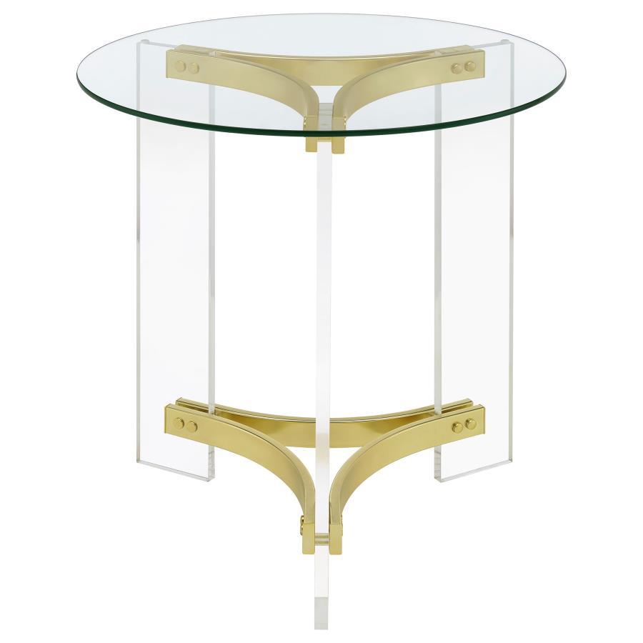 Janessa - Round Glass Top End Table With Acrylic Legs - Clear And Matte Brass