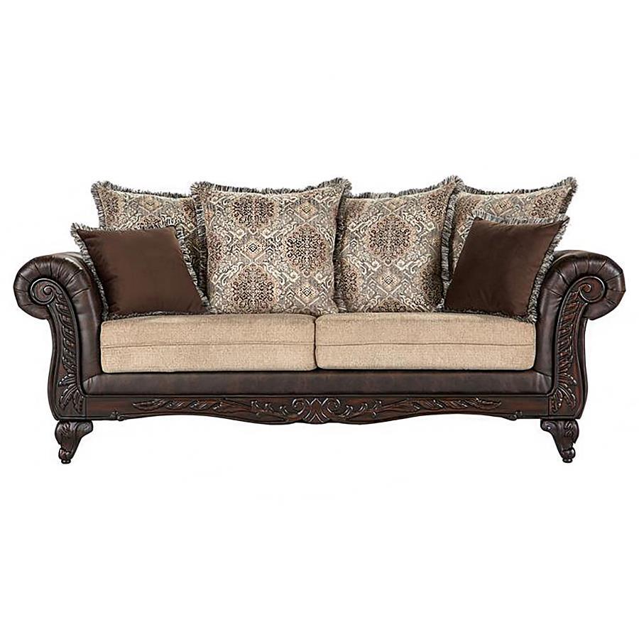 Elmbrook - Upholstered Rolled Arm Sofa Set With Intricate Wood