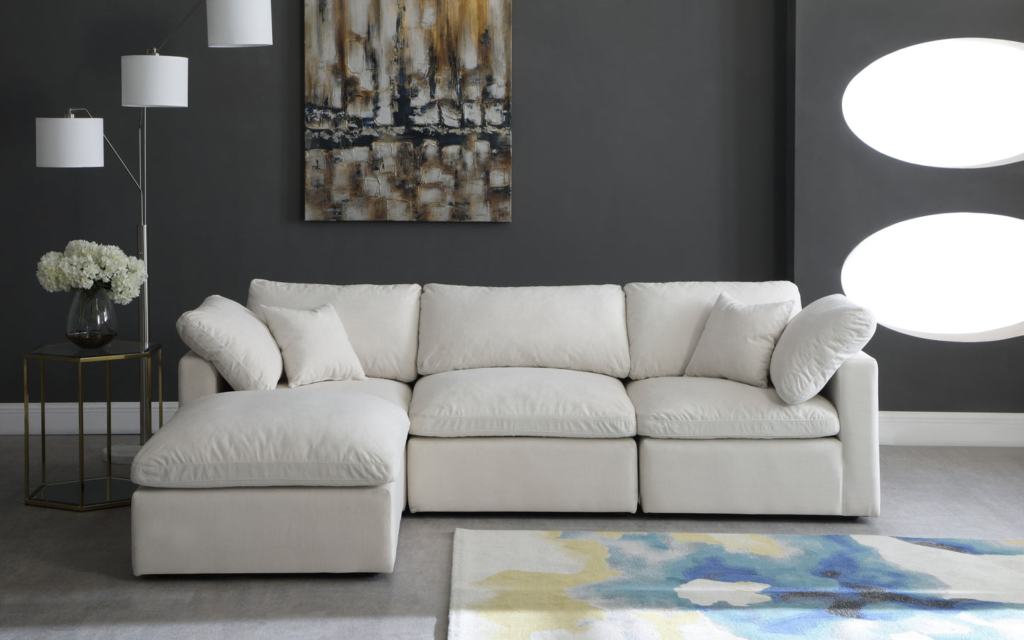 Plush - Velvet Standart Comfort Modular Sectional 4 Piece - Cream - Fabric