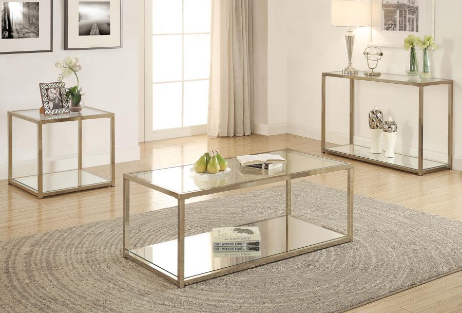 Cora - Glass Top End Table Mirrored Shelf - Chocolate Chrome