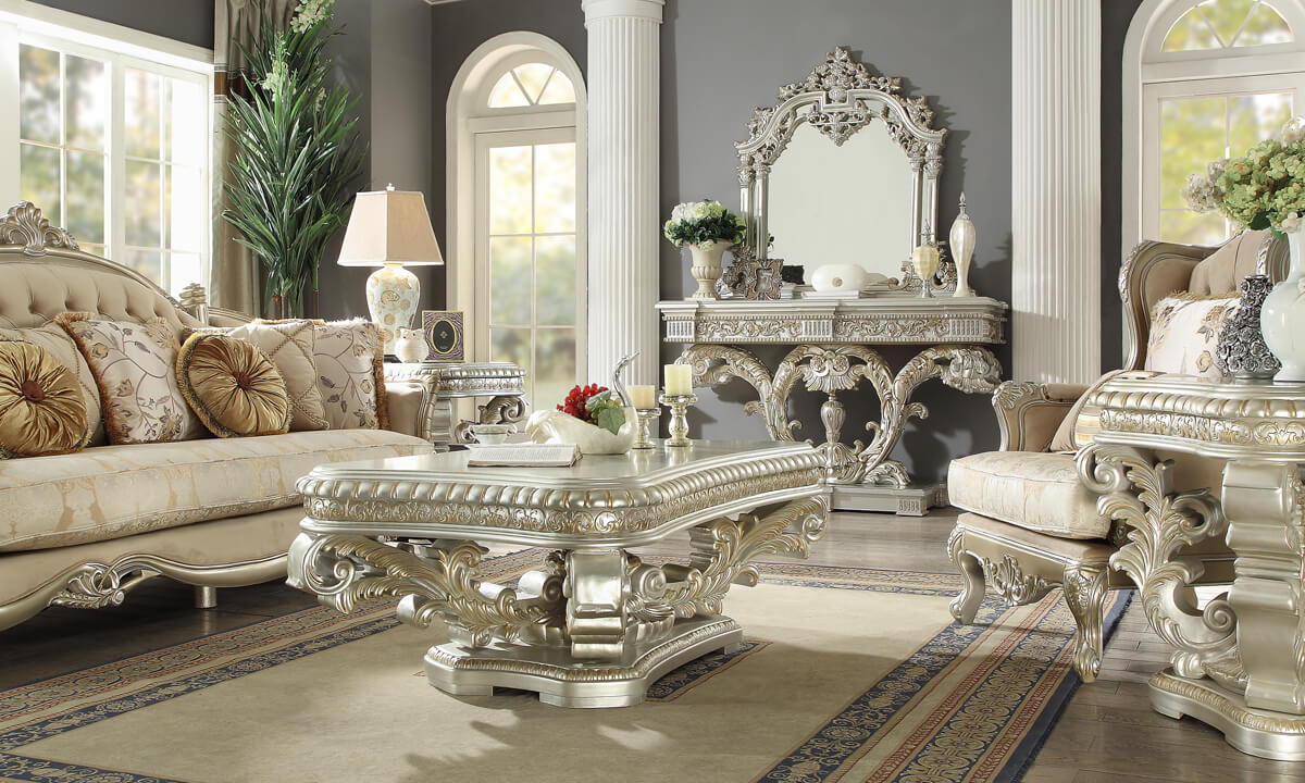 HD-8088 - 3 Piece Coffee Table Set - Silver With Gold Highlight