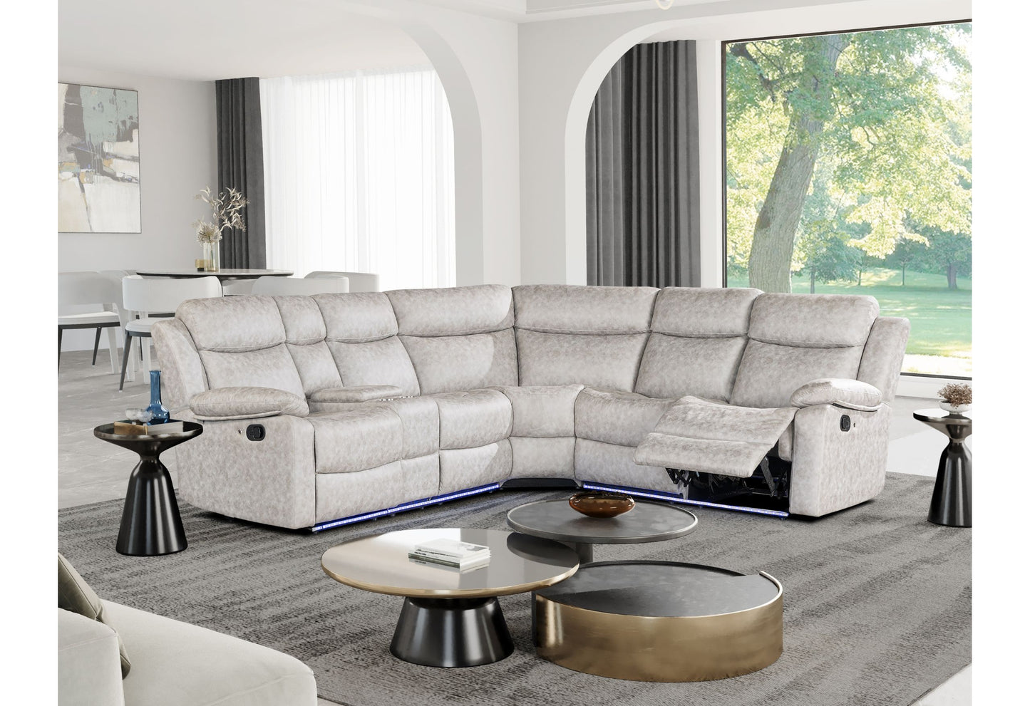 U6026 - Sectional With LED And 2 Recliners - Light Gray