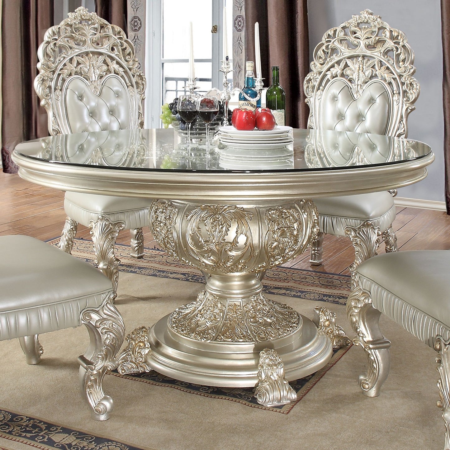 HD-8088 - 5 Piece Round Dining Set - Silver With Gold Highlight