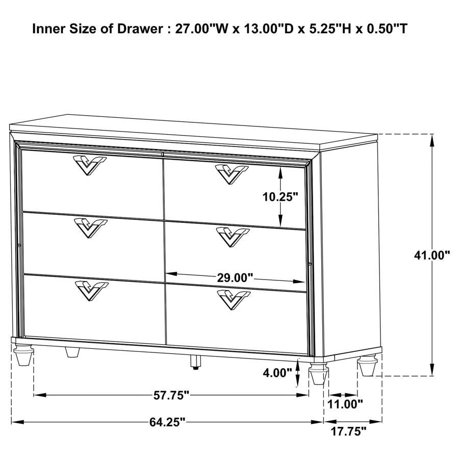 Veronica - 6-Drawer Dresser - Light Silver