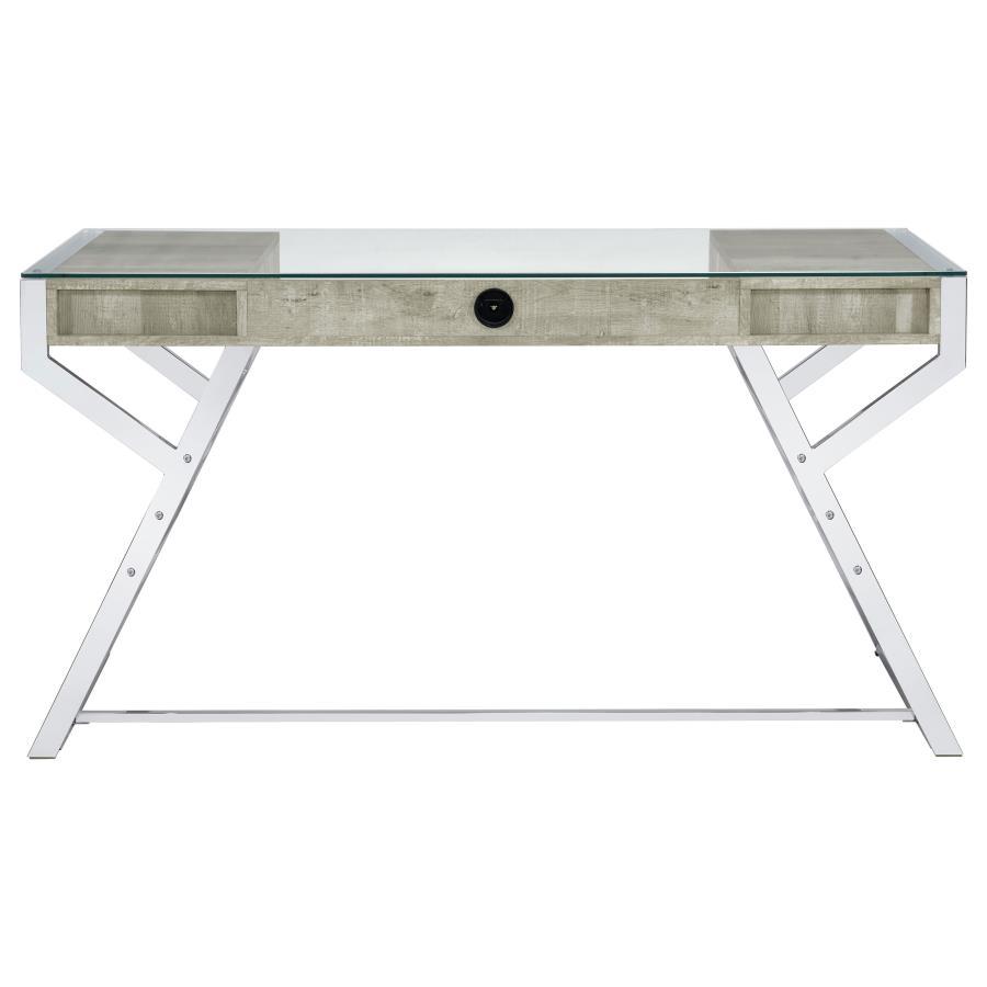 Emelle - 2-Drawer Glass Top Writing Desk - Gray Driftwood And Chrome