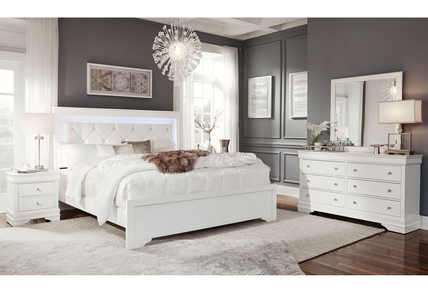 Pompei - 5 Piece Full Bedroom Set With LED - Metallic White