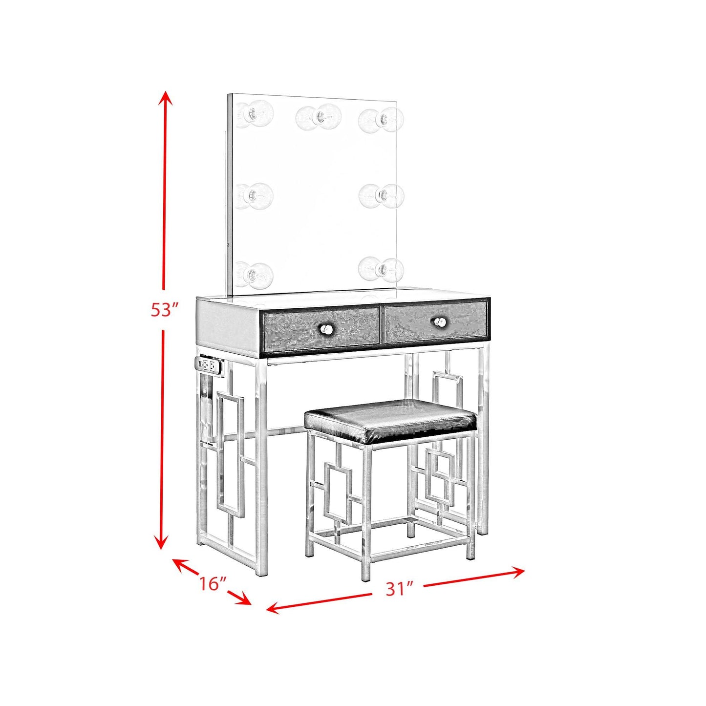 Margo - Vanity Table With Power / Mirror / Stool & Light - Chrome / Black