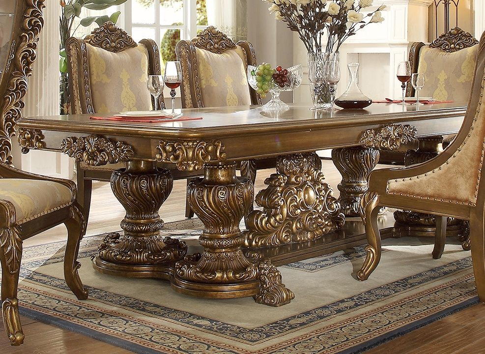 HD-8011 - Rectangular Dining Table - Antique Gold & Pefect Brown