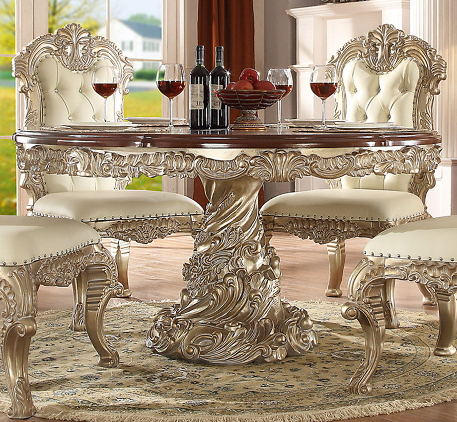 HD-8017 - Round Dining Table - Silver With Brown Cherry