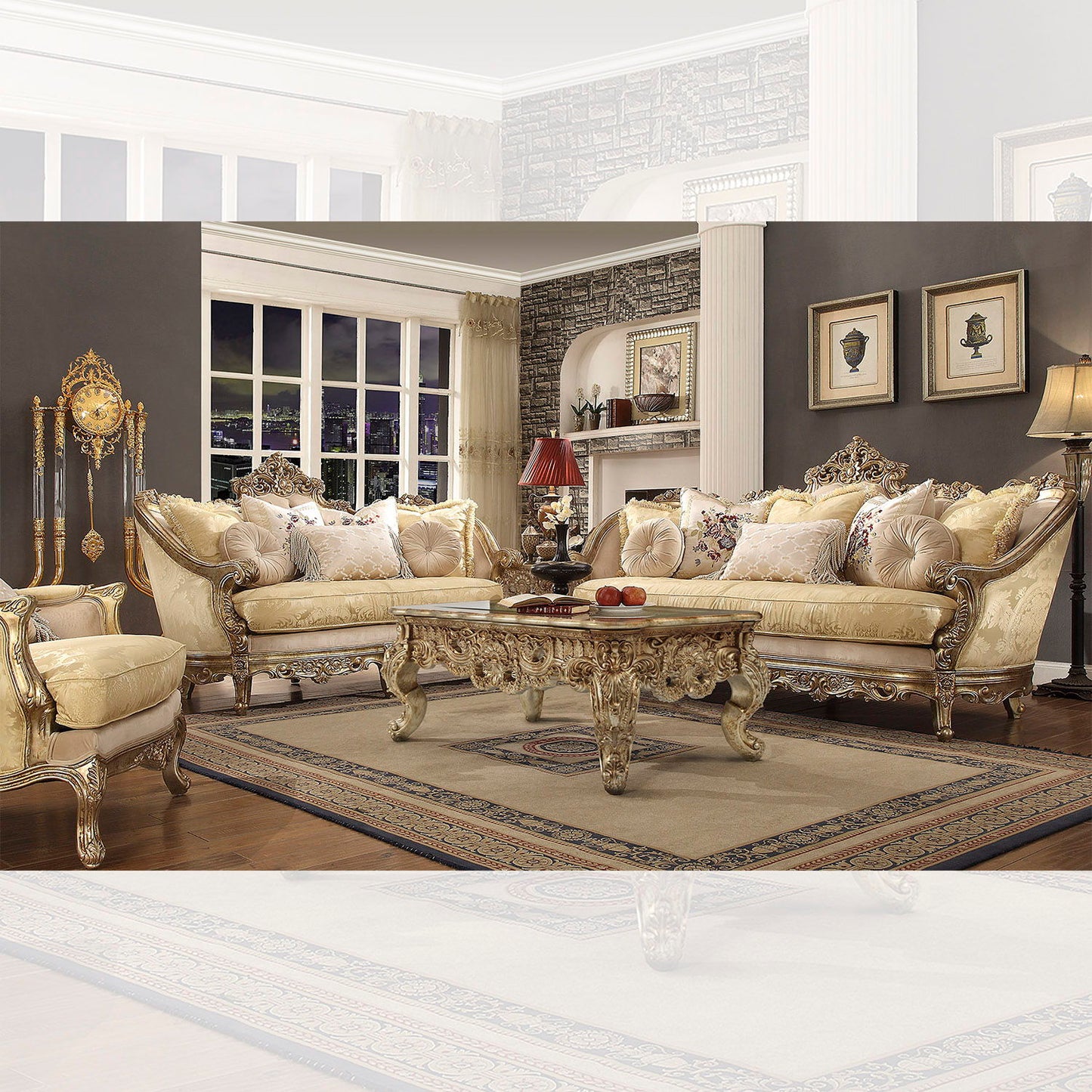 HD-2626 - 3 Piece Sofa Set - Gold With Rust Highlights