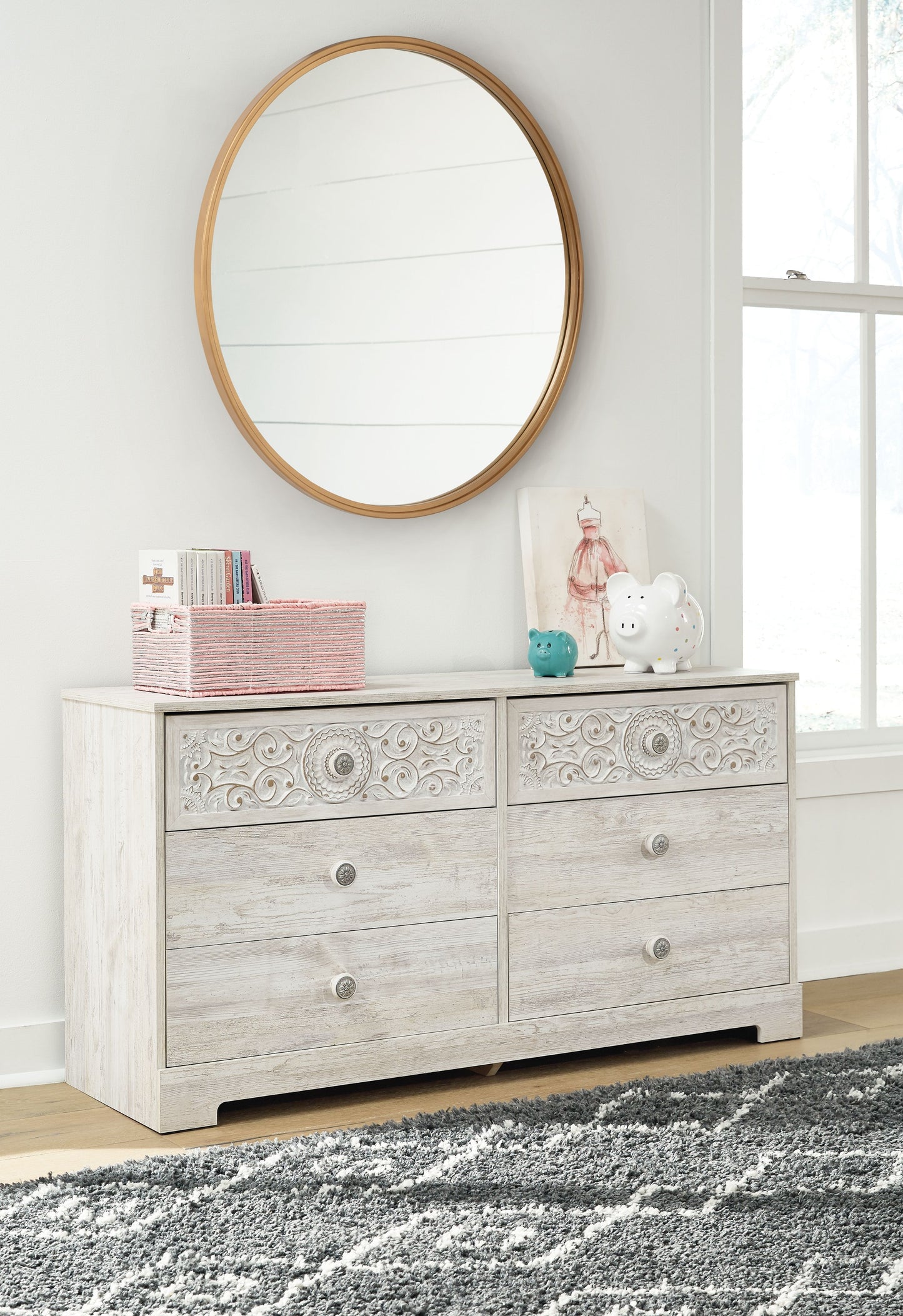 Paxberry - Whitewash - Six Drawer Dresser - Vinyl-Wrapped