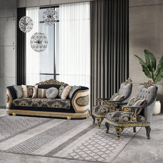 HD-9012 - 3 Piece Sofa Set - Black / Beige / Gold