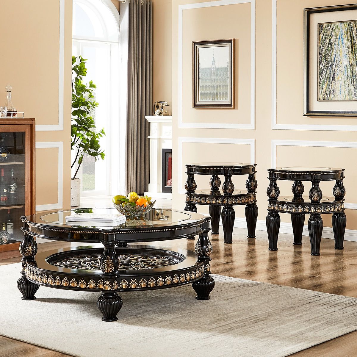 HD-1208 - 3 Piece Coffee Table Set - Black Enamel With Gold Highlights