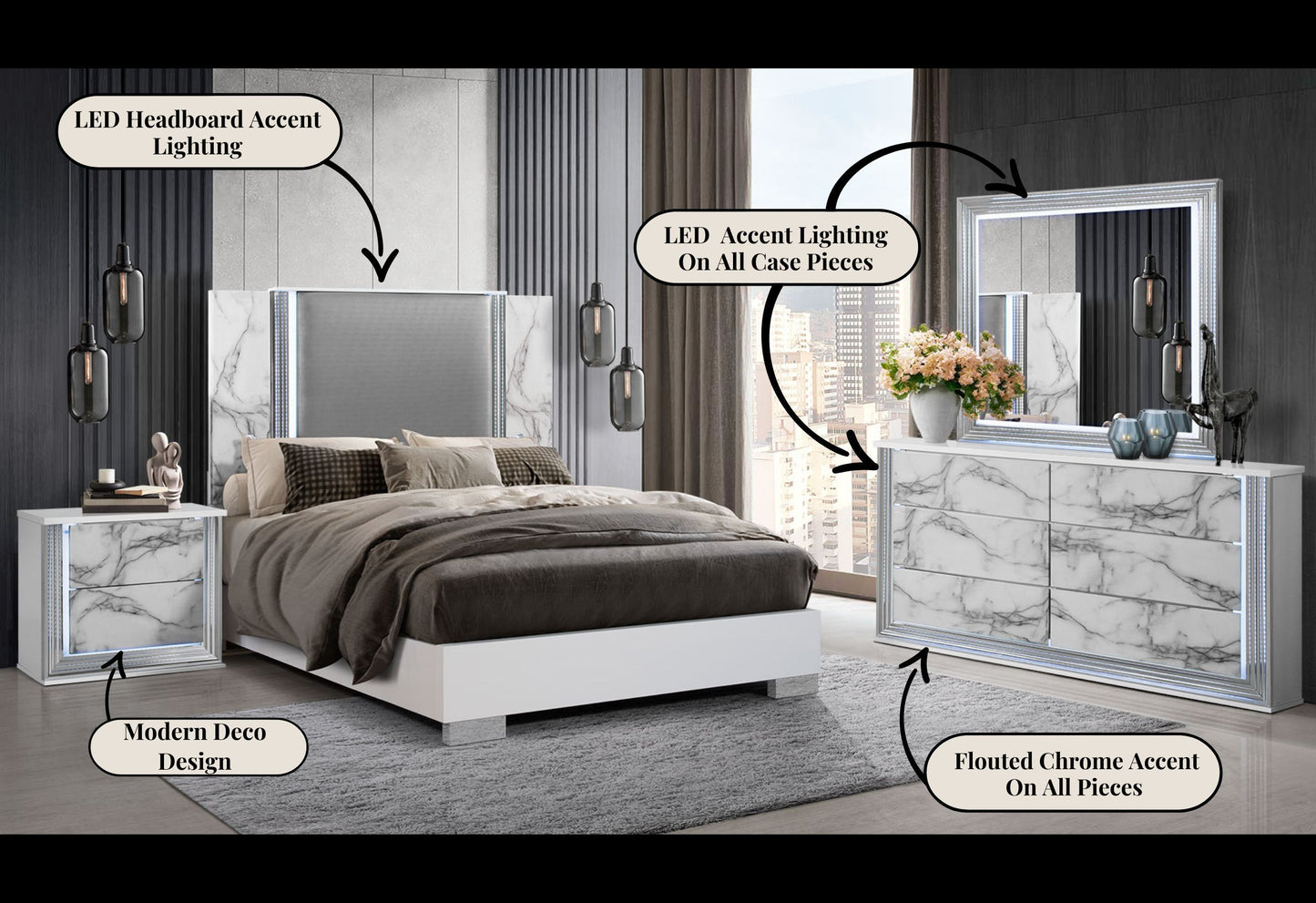 Ylime - 5 Piece King Marble Bedroom Set - White