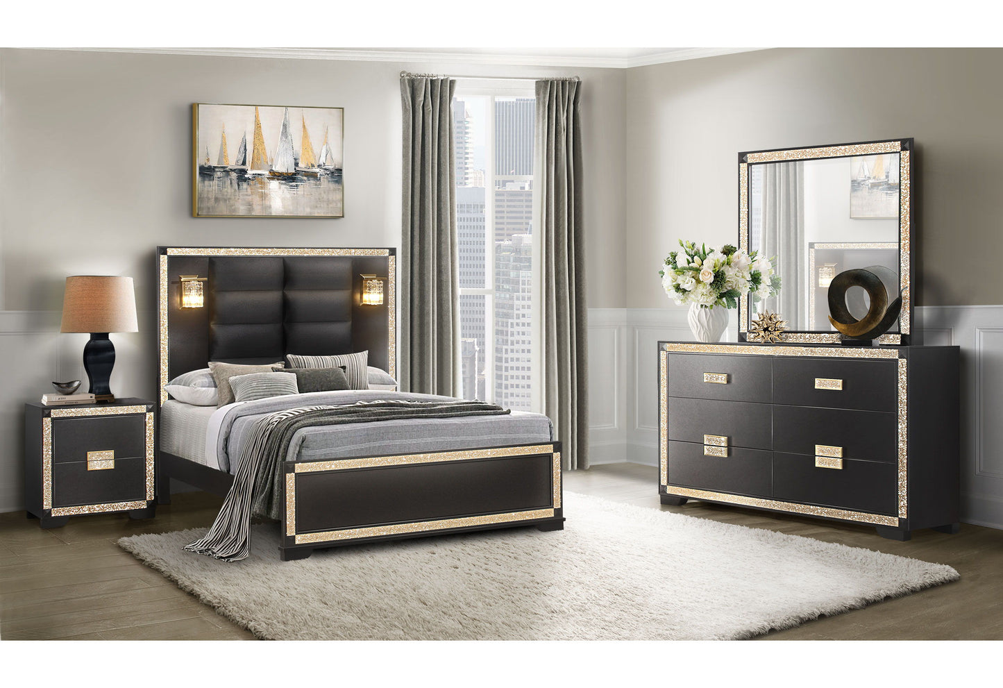 Blake - 5 Piece King Bedroom Set With Lamps - Black / Gold