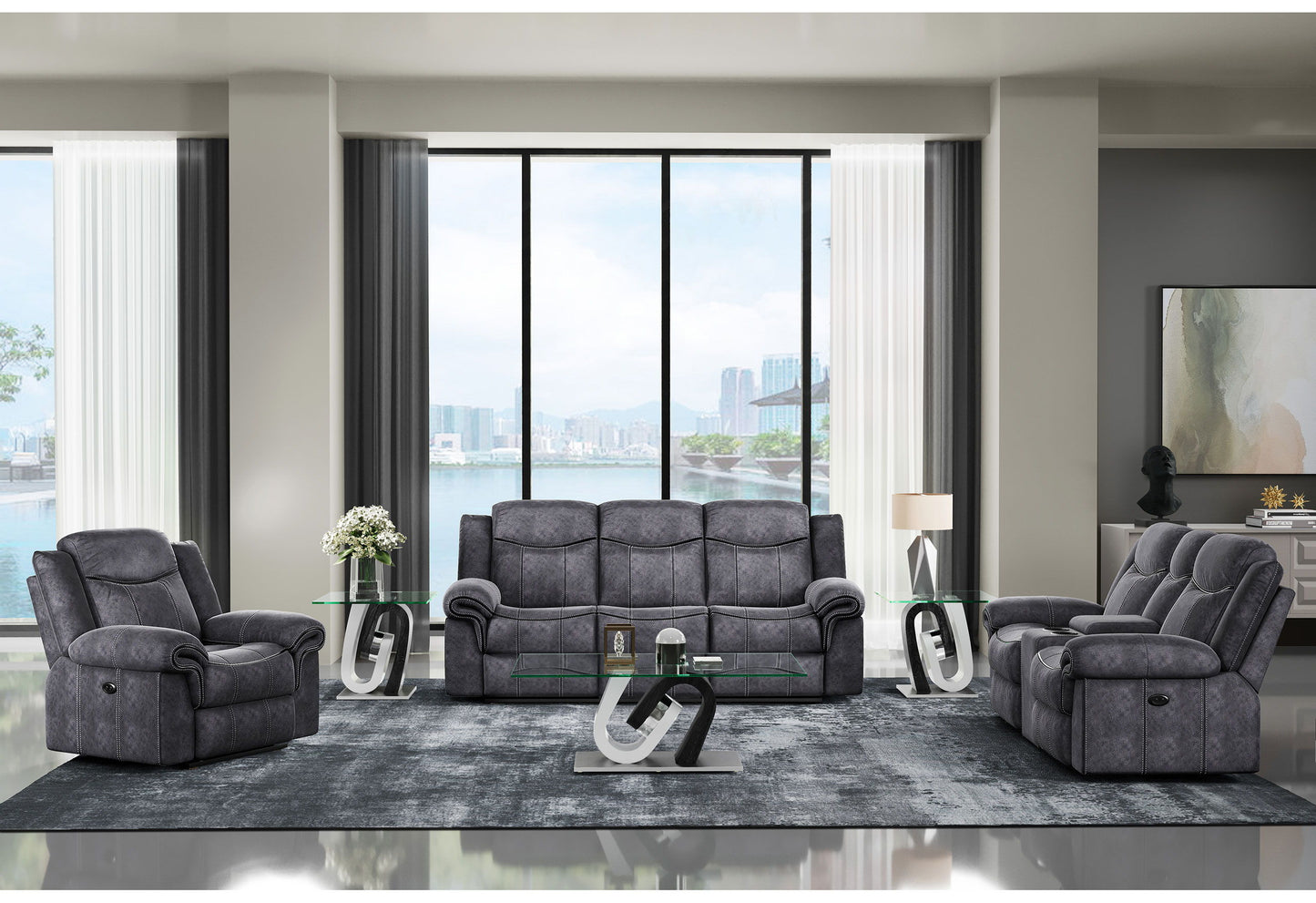 U2200 - Power Reclining Sofa / Power Console Reclining Loveseat With Power Switch / Power Recliner - Domino Granite