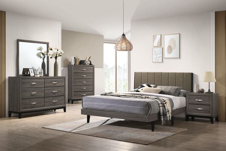 Valdemar - Queen Bed - Brown Fabric & Weatheted Gray Finish