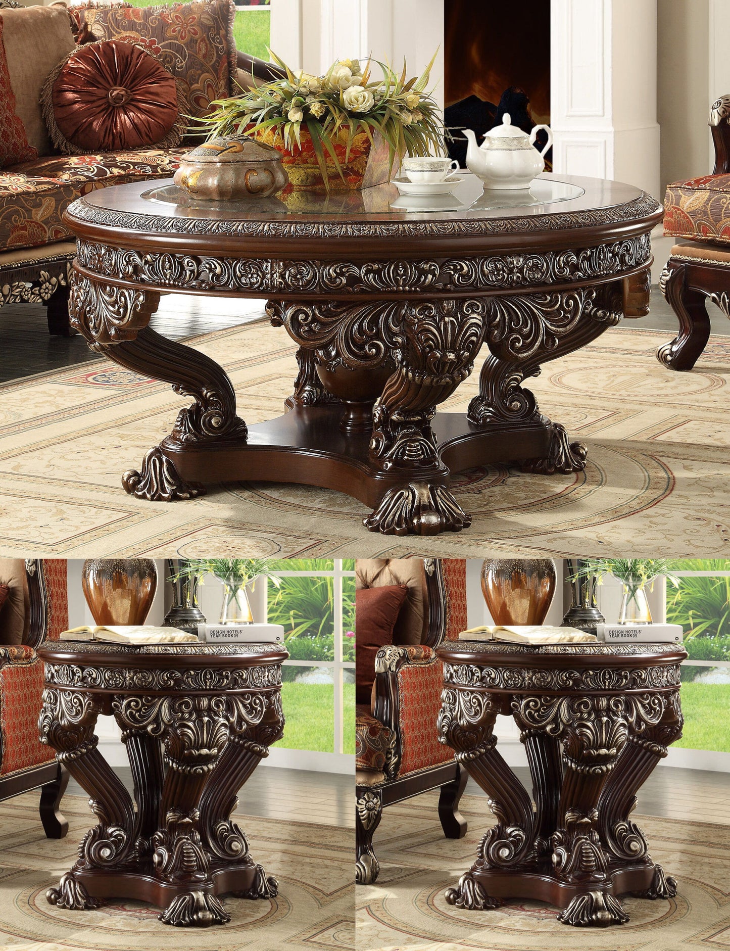 HD-8017 - 3 Piece Coffee Table Set - Brown Cherry With Silver Highlights