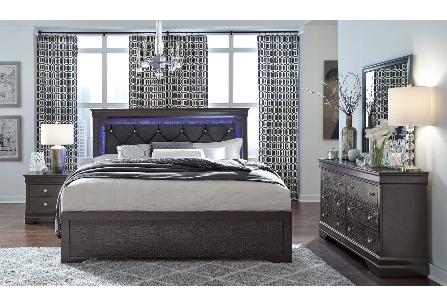 Pompei - 5 Piece Full Bedroom Set With LED - Metallic Gray