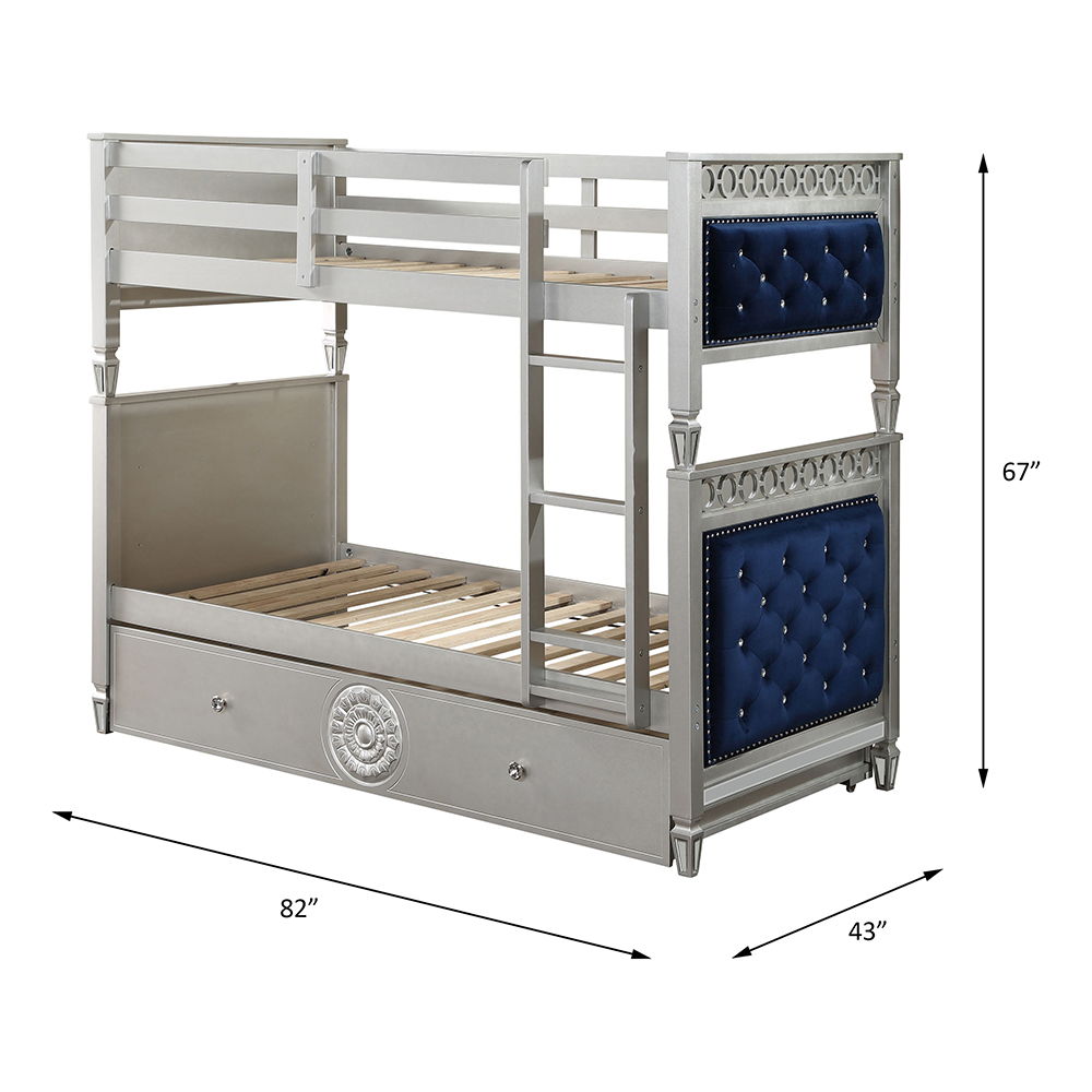 Varian - Twin Over Twin Bunk Bed - Blue Velvet & Silver Finish