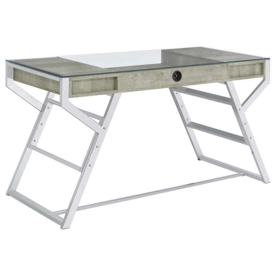 Emelle - 2-Drawer Glass Top Writing Desk - Gray Driftwood And Chrome