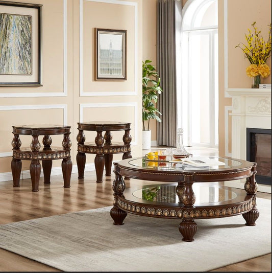 HD-1521 - 3 Piece Coffee Table Set - Mohagany With Gold Highlight