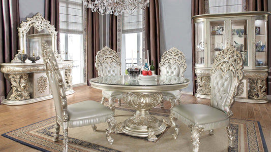 HD-8088 - 5 Piece Round Dining Set - Silver With Gold Highlight