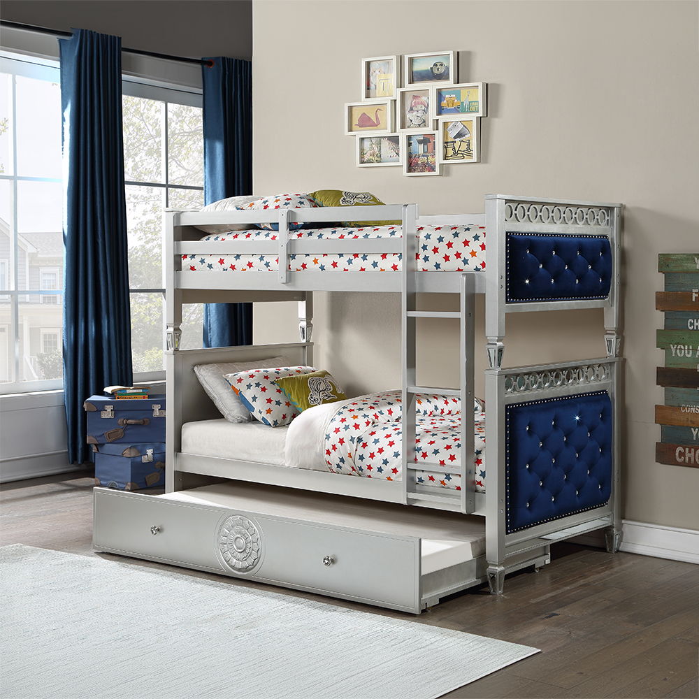 Varian - Twin Over Twin Bunk Bed - Blue Velvet & Silver Finish