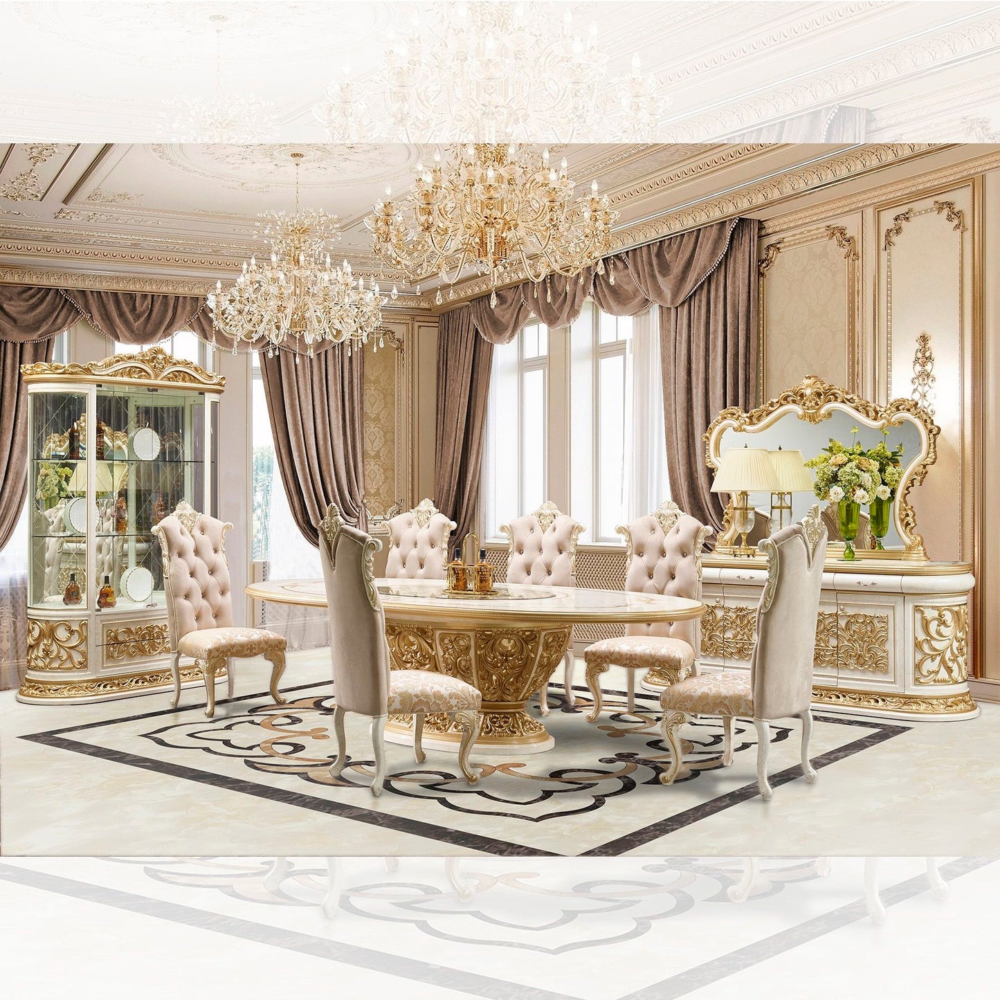 HD-903 - 7 Piece Dining Set - Ivory / Gold