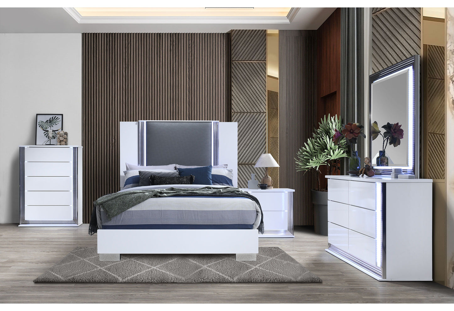 Ylime - Queen Bed With LED - Smooth White / Dark Gray