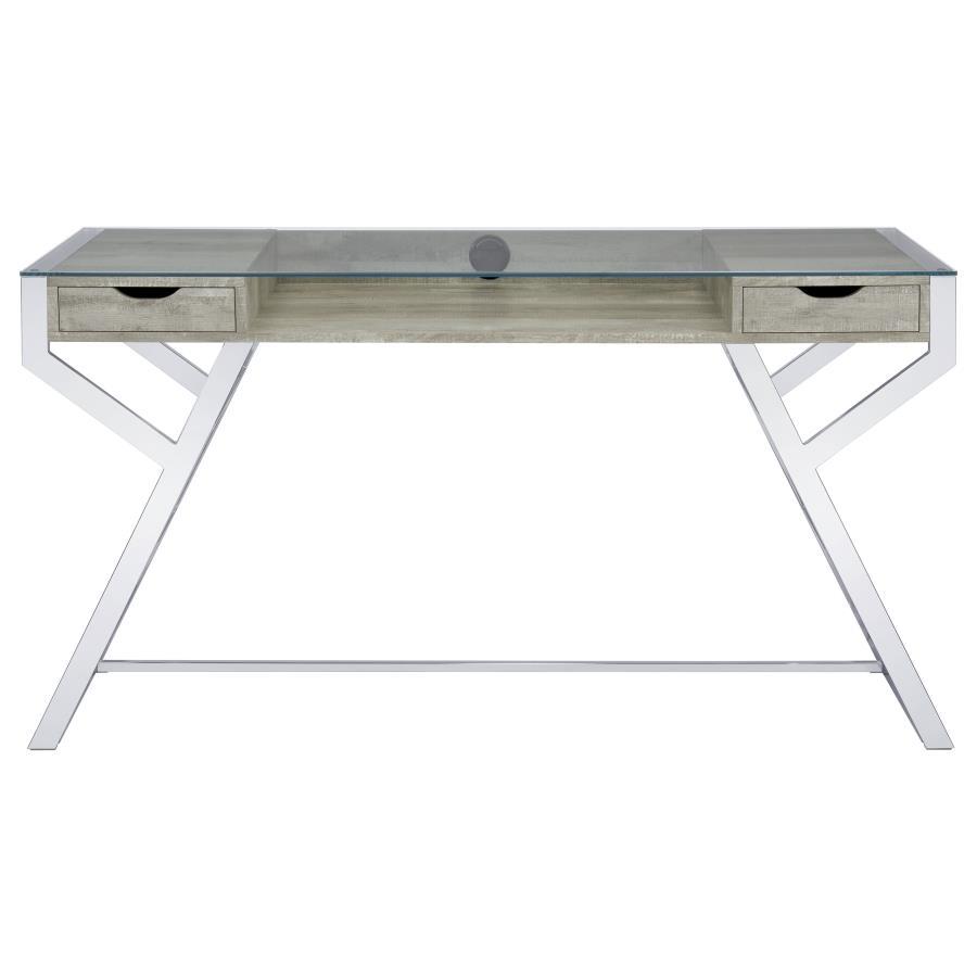 Emelle - 2-Drawer Glass Top Writing Desk - Gray Driftwood And Chrome