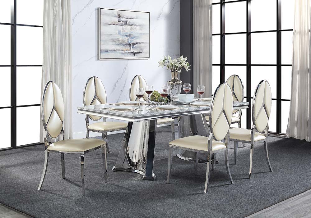 Destry Dining Table - Faux Marble Top & Mirrored Silver Finish