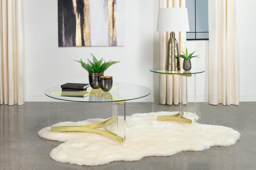 Janessa - Round Glass Top End Table With Acrylic Legs - Clear And Matte Brass