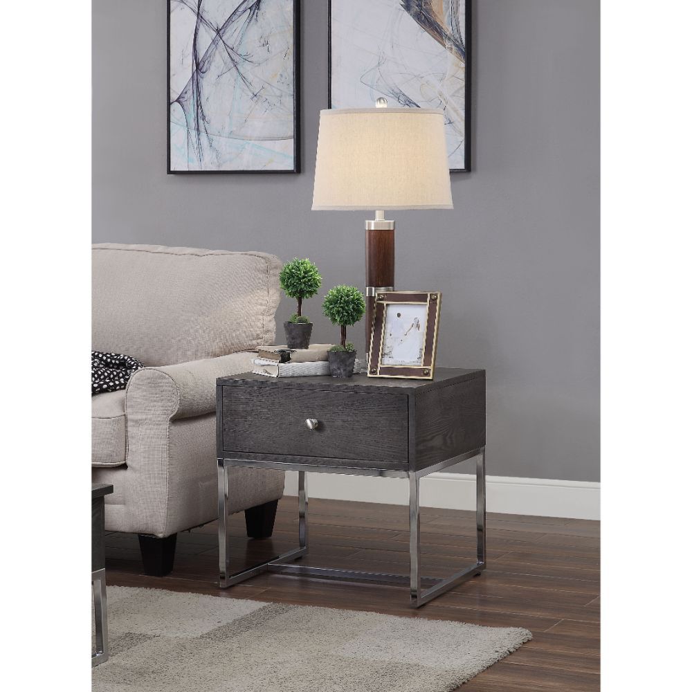 Iban - End Table - Gray Oak & Chrome