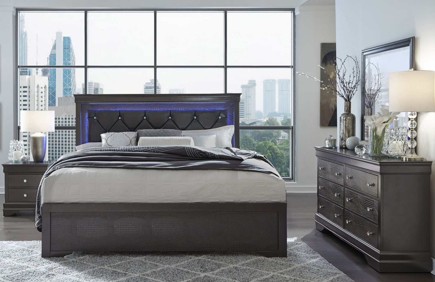 Pompei - 5 Piece Full Bedroom Set With LED - Metallic Gray