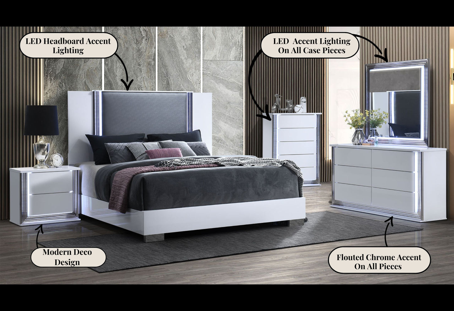 Ylime - 5 Piece King Bedroom Set (Bed, Dresser, Mirror, Chest, Nightstand) - Smooth White