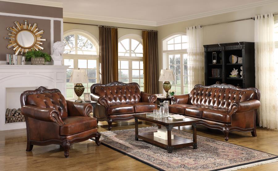 Victoria - Full Leather Upholstered Rolled Arm Sofa - Brown