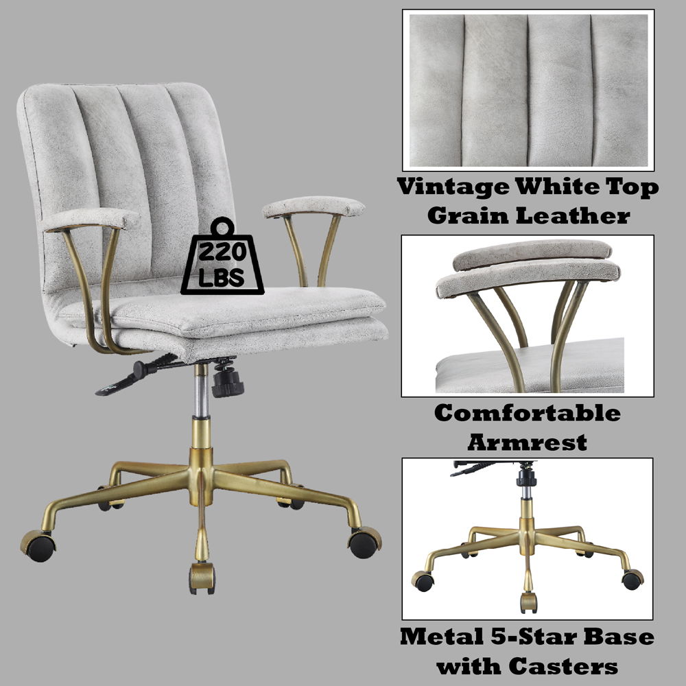 Damir - Office Chair - Vintage White Top Grain Leather & Chrome