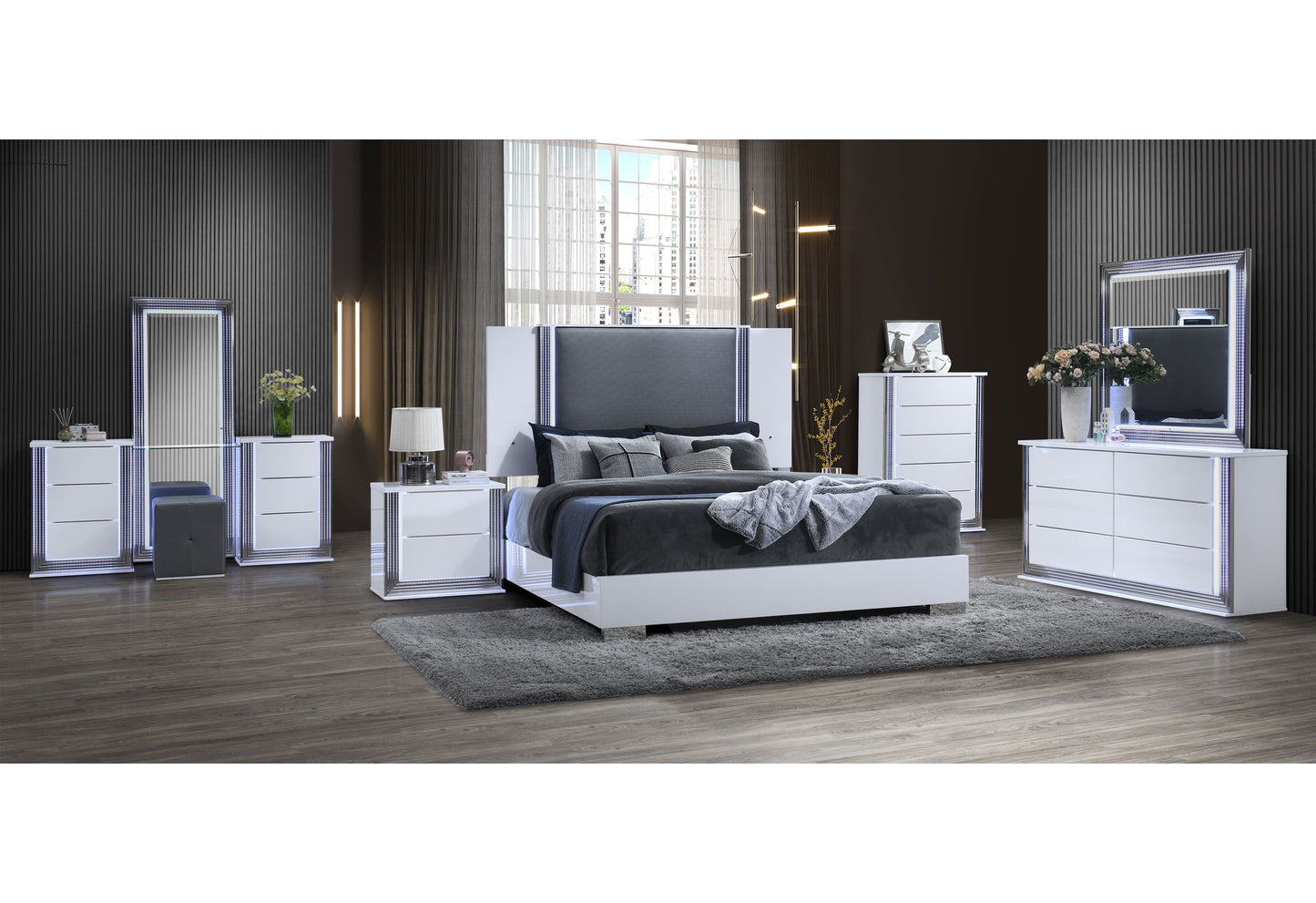 Ylime - King Bed With LED - Smooth White / Dark Gray