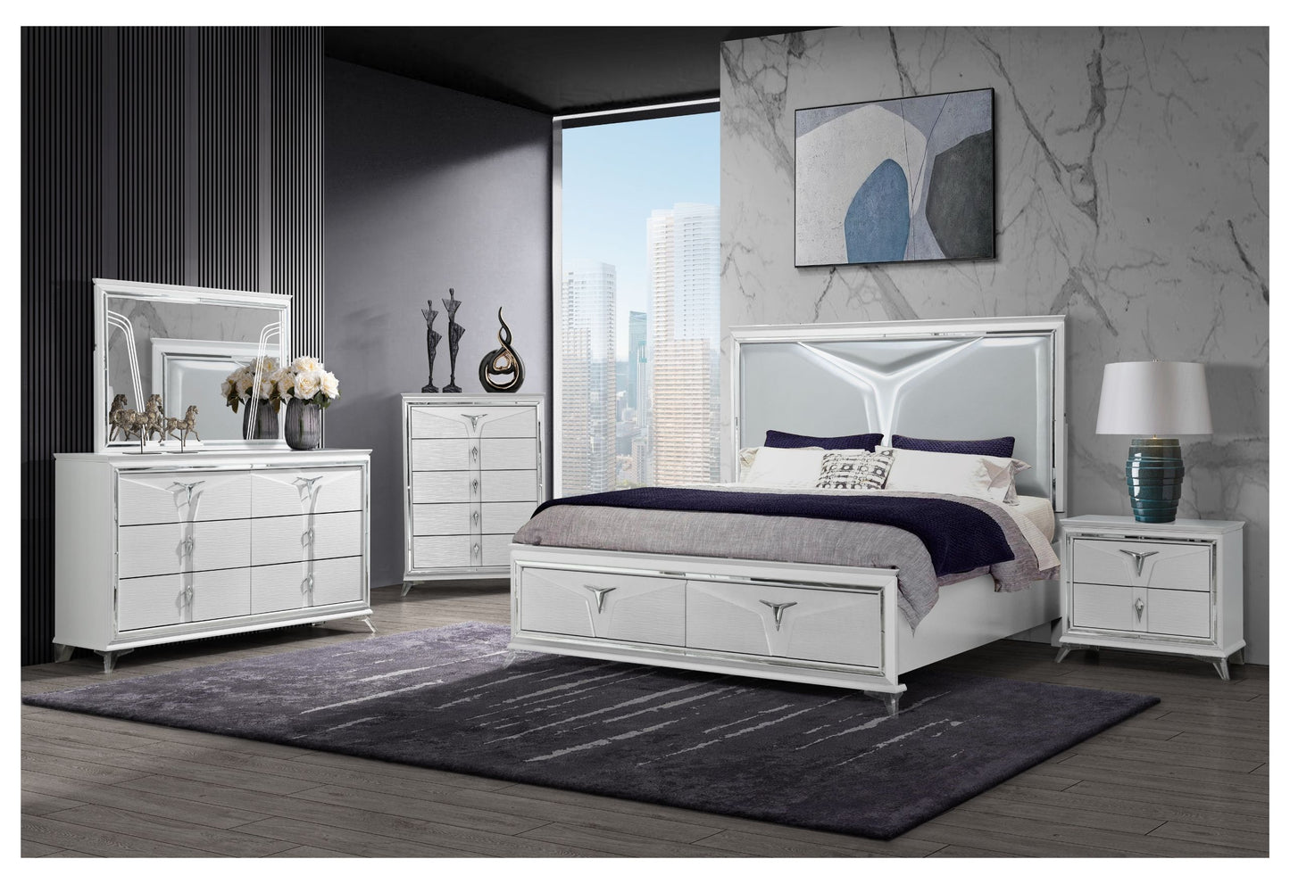 Romo - 6 Piece King Bedroom Set With Two Nightstands - White