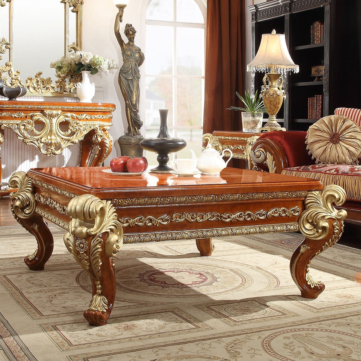 HD-8024 - 3 Piece Coffee Table Set - Cedar Red With Gold Highlight