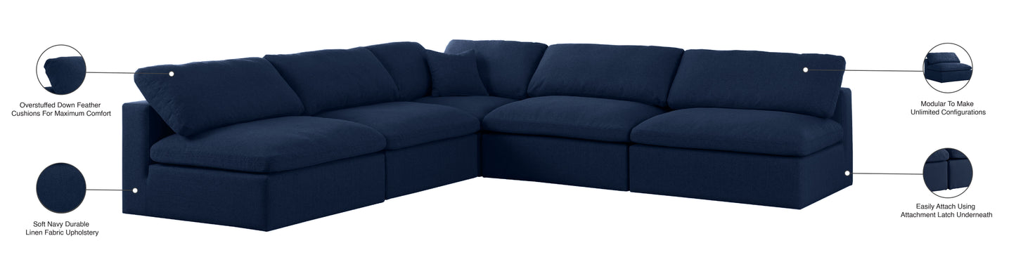 Serene - Linen Textured Fabric Deluxe Comfort 5 Piece Modular Sectional - Navy - Fabric