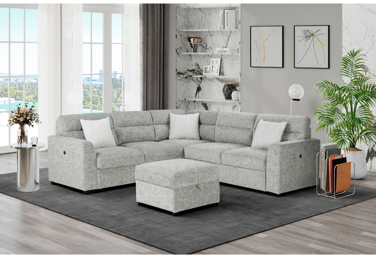 U9401 - Sectional With 3 Pillows And Ottoman - Nickel