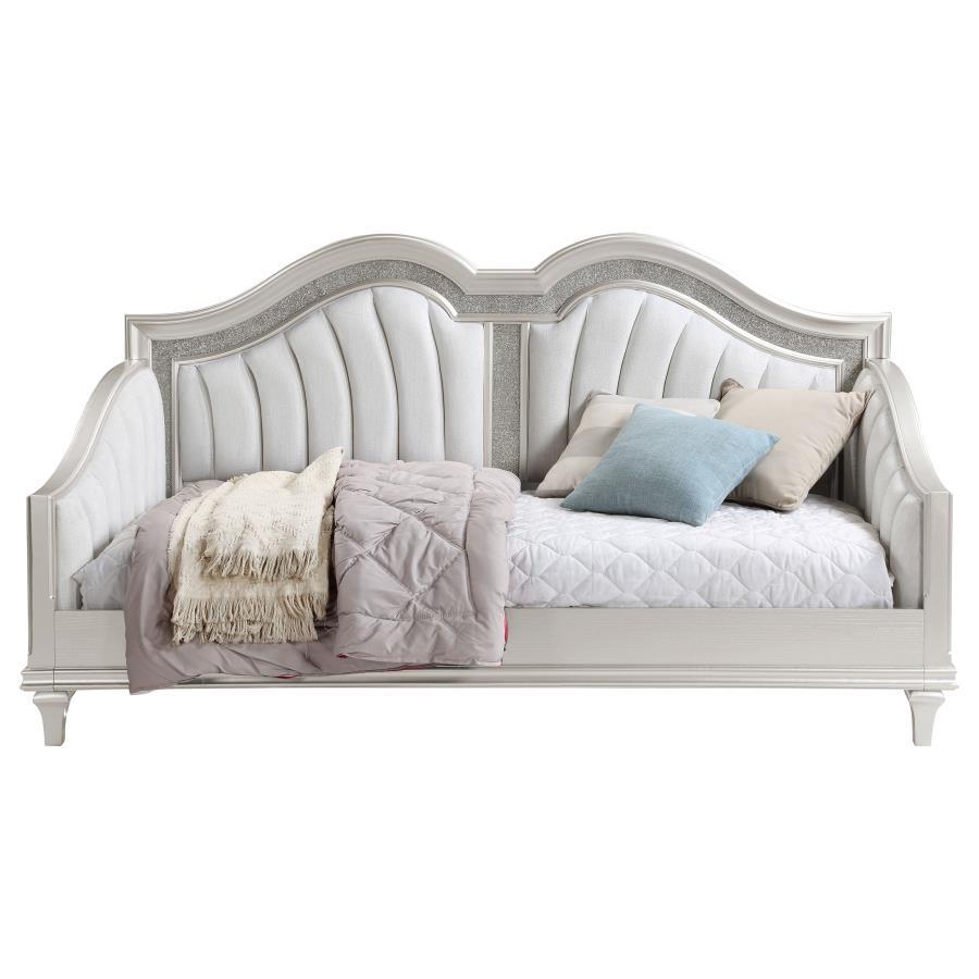 Evangeline - Upholstered Twin Daybed With Faux Diamond Trim - Silver And Ivory