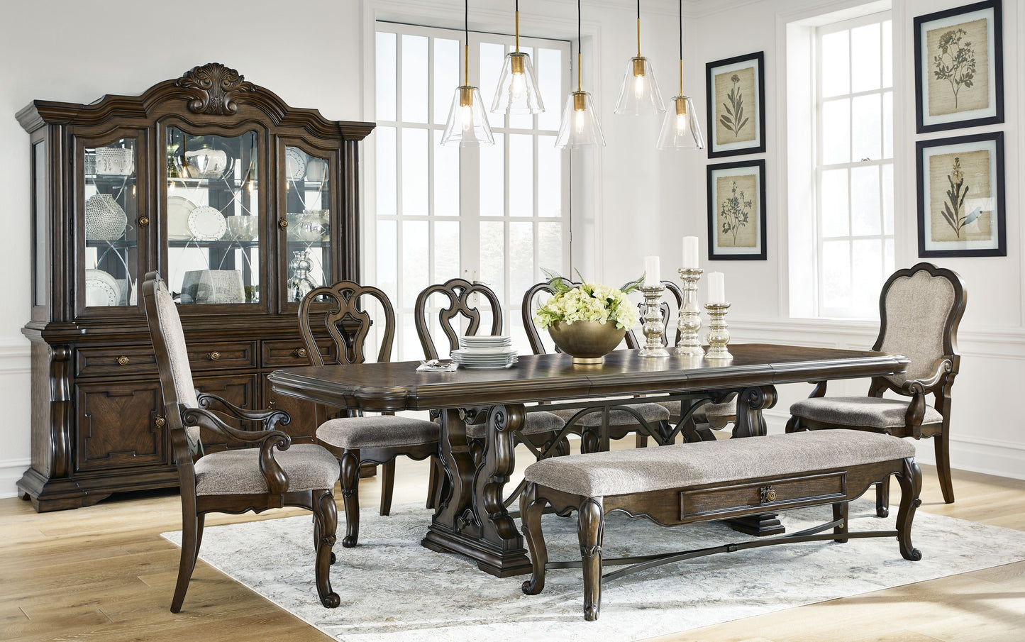 Maylee - Dark Brown - 11 Pc. - Dining Extension Table, 4 Side Chairs, 2 Arm Chairs, Storage Bench, Buffet And Hutch