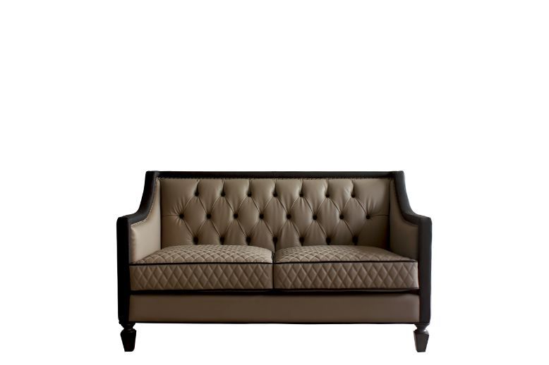 House - Beatrice Loveseat - Tan PU, Black PU & Charcoal Finish