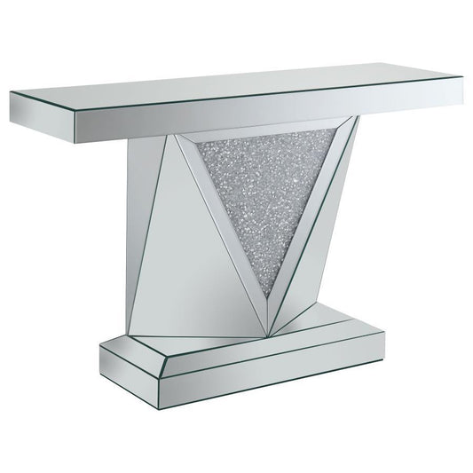 Amore - Rectangular Sofa Table With Triangle Detailing - Silver And Clear Mirror