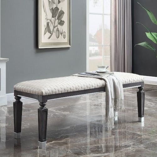 House - Beatrice Bench - Two Tone Beige Fabric, Charcoal Finish
