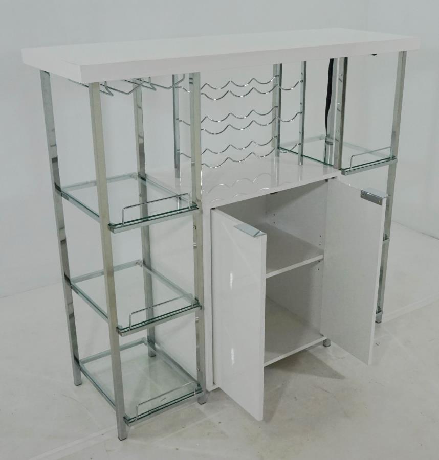 Gallimore - 2-Door Bar Cabinet With Glass Shelf - High Glossy White And Chrome